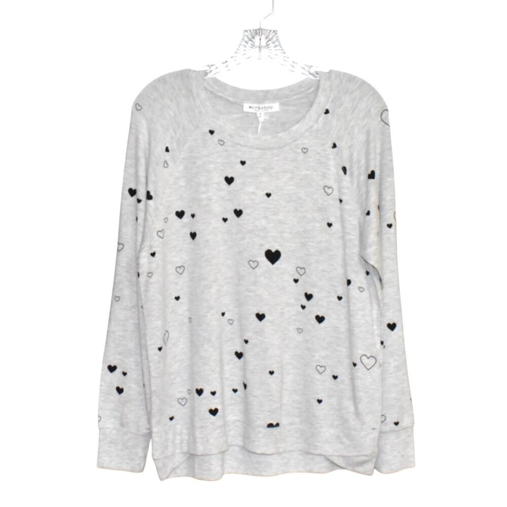 Work Shop Republic Modal Long Sleeve Pullover Top Grey Black Hearts Size M